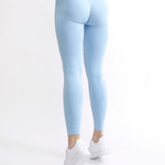Colanți modelatori seamless fără cusături din colectia Original by GYMTUNED în albastru pastel – vedere din spate, cu talie înaltă și logo vizibil