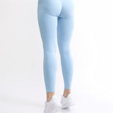 Colanți modelatori seamless fără cusături din colectia Original by GYMTUNED în albastru pastel – vedere din spate, cu talie înaltă și logo vizibil