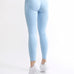 Colanți modelatori seamless fără cusături din colectia Original by GYMTUNED în albastru pastel – vedere din spate, cu talie înaltă și logo vizibil